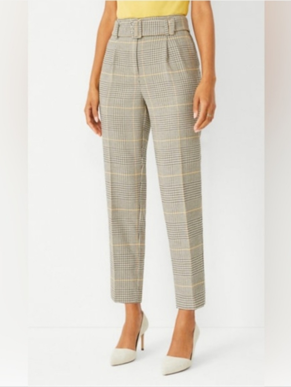 Ann Taylor Petite Belted High Waist Taper Pants Glen Check Plaid 10P